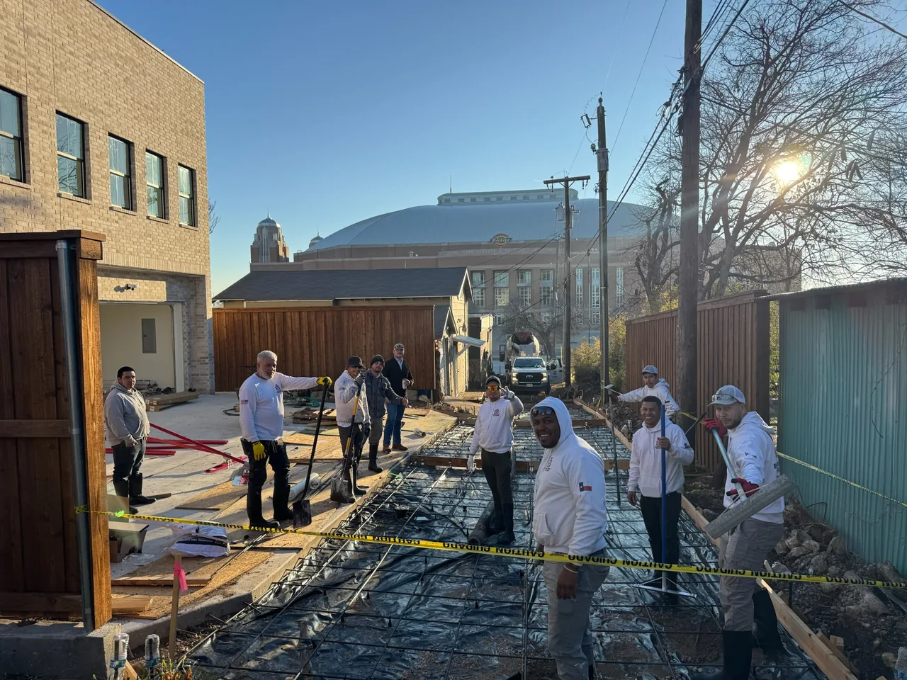 Crew getting a rebar slab ready to pour beside an arena in Fort Worth, concrete work