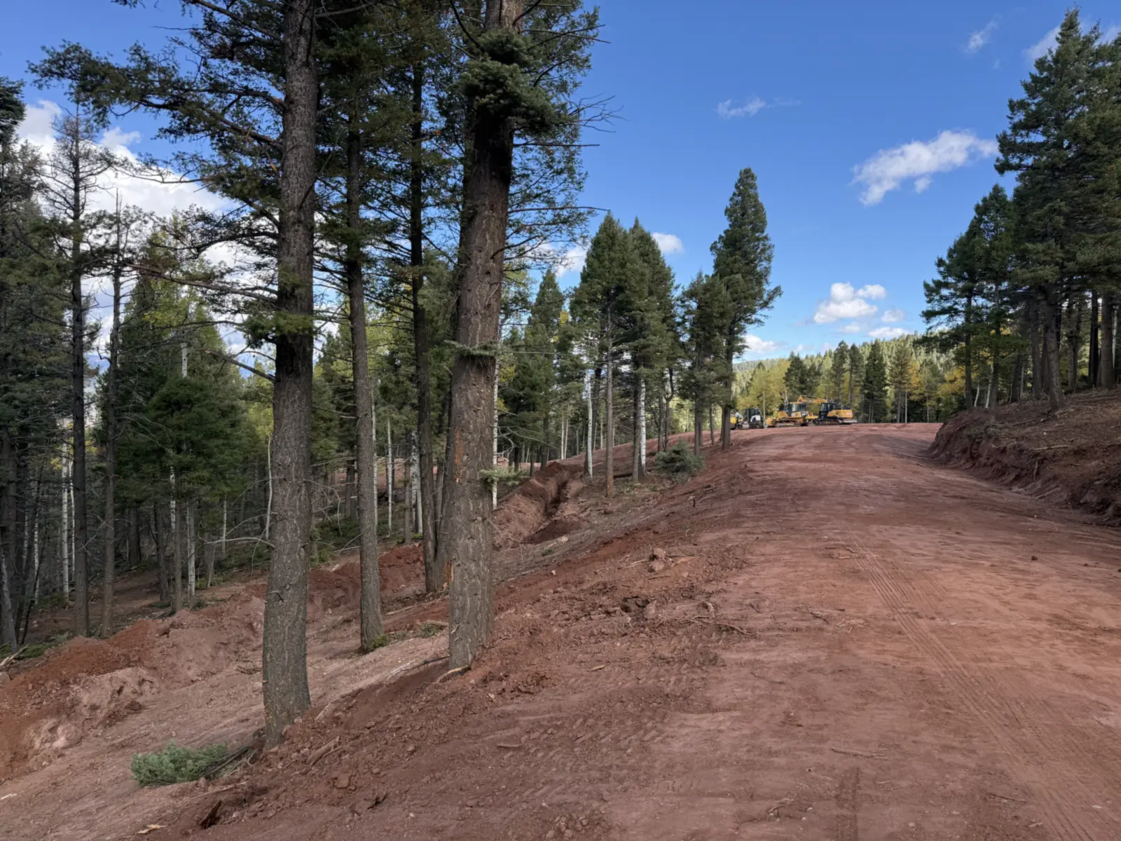 New dirt road climbing through the pines to parked machines with a trench alongside, road building
